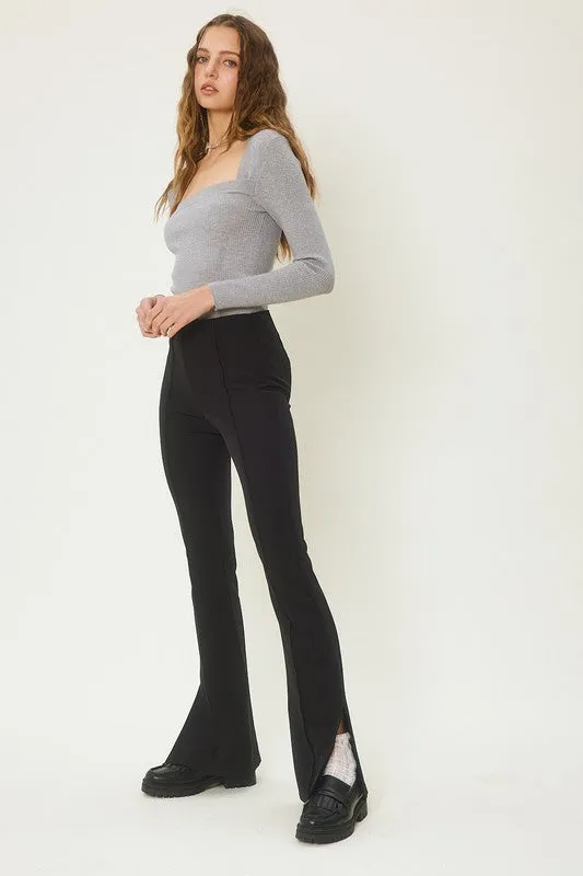 Black Center-Leg Seam Detailed Side Slit Flare Pants