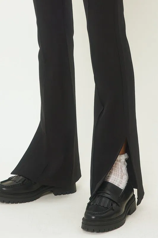 Black Center-Leg Seam Detailed Side Slit Flare Pants