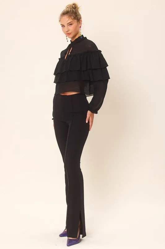 Black Center-Leg Seam Detailed Side Slit Flare Pants