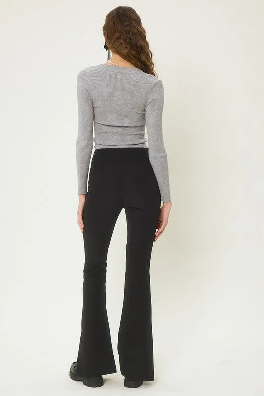 Black Center-Leg Seam Detailed Side Slit Flare Pants
