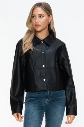 Black Snap Down Vegan Leather Jacket