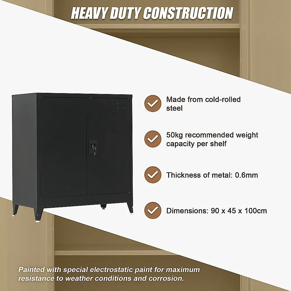 Black Two-Door Steel Storage Cabinet with Shelves, 50kg Capacity
