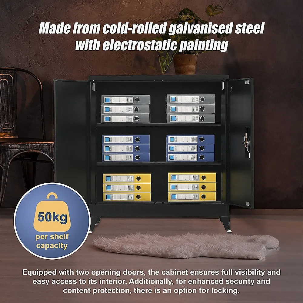 Black Two-Door Steel Storage Cabinet with Shelves, 50kg Capacity