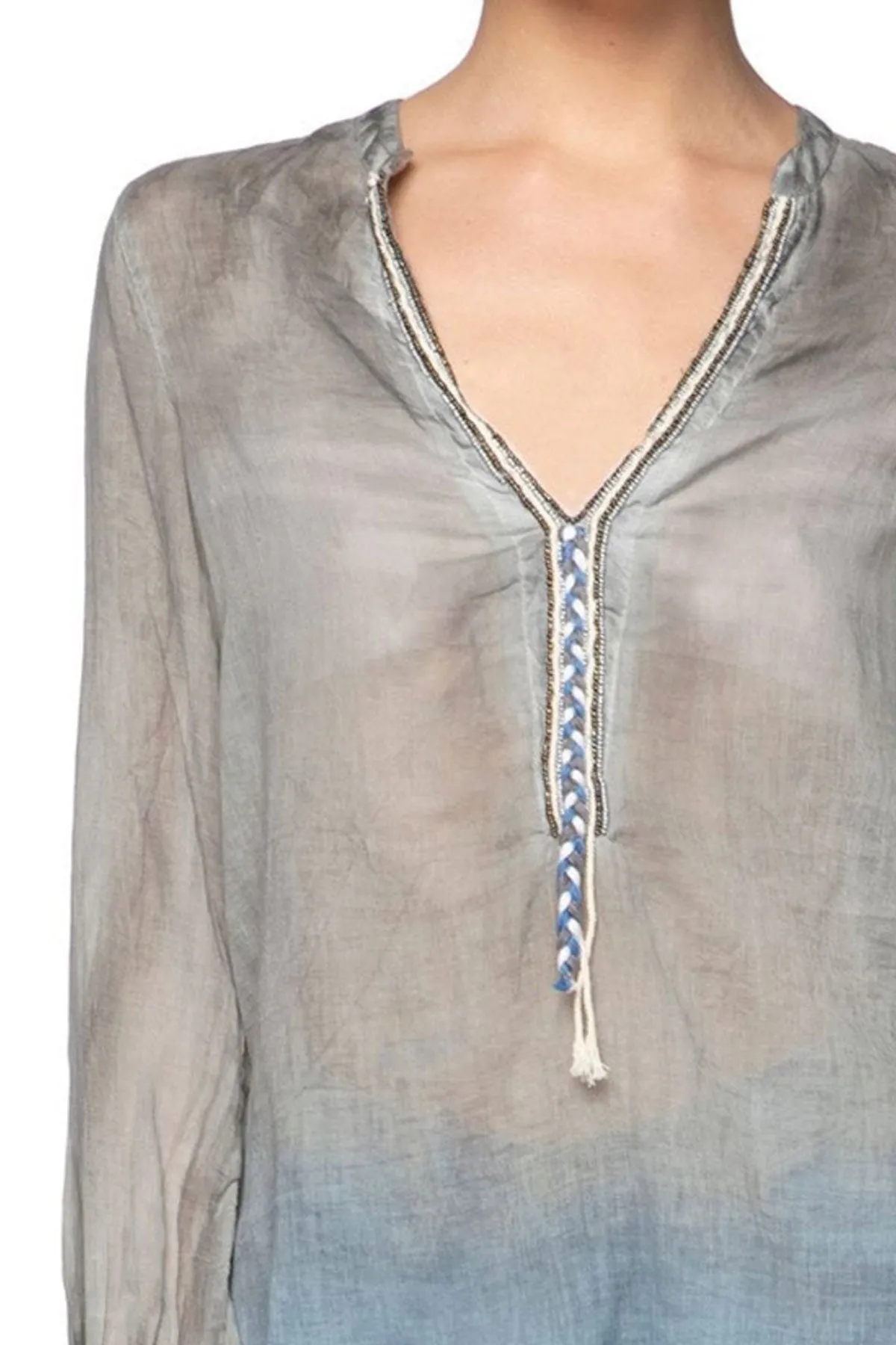 Crossover Beaded Henley Top- Pigment Dye