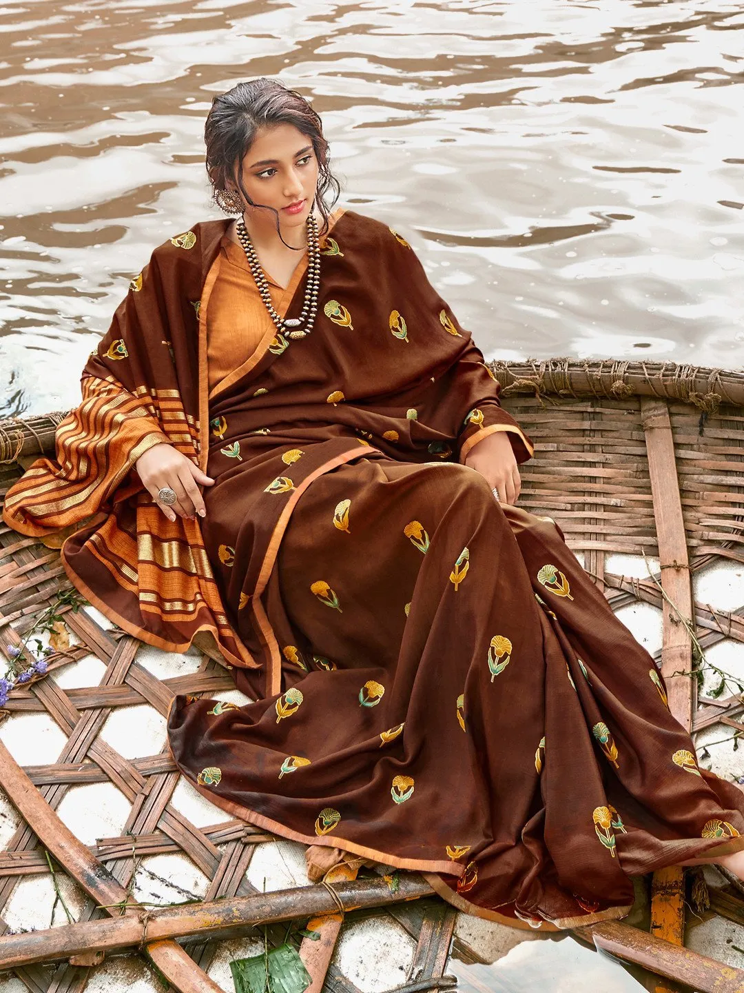 Designers Brown Printed Chiffon Sarees for Women With Blouse
