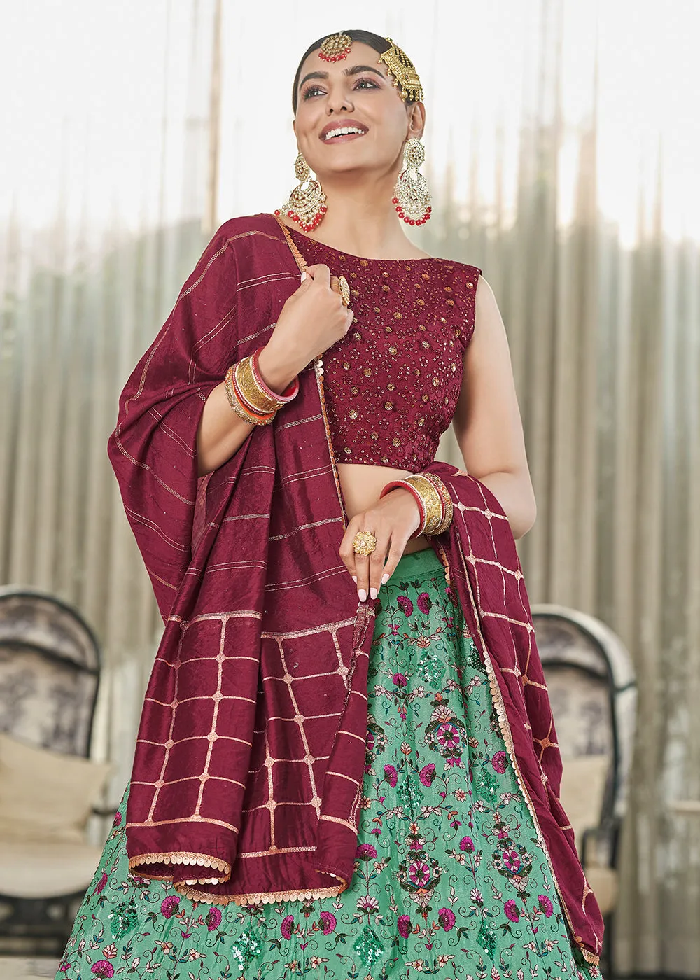 Green & Maroon Multi Sequins & Thread Wedding A Line Lehenga