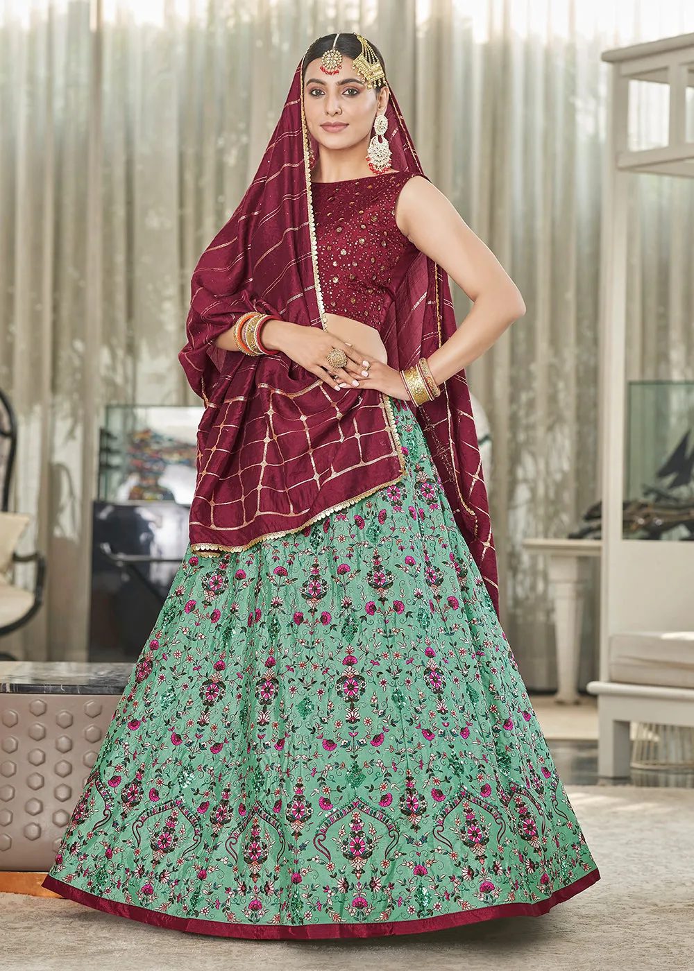 Green & Maroon Multi Sequins & Thread Wedding A Line Lehenga
