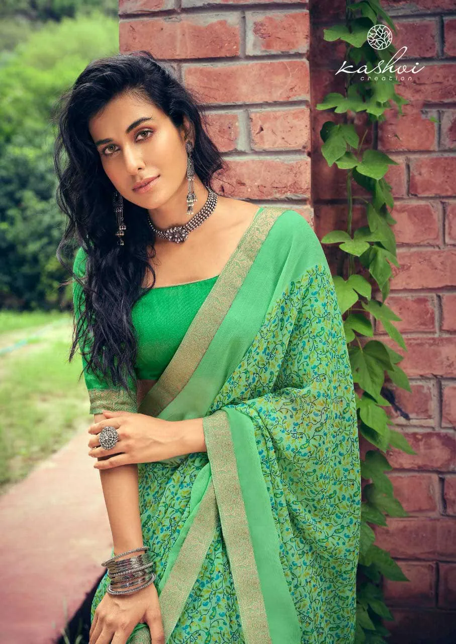 Green Chiffon Printed Fancy Lace Border Saree for Women