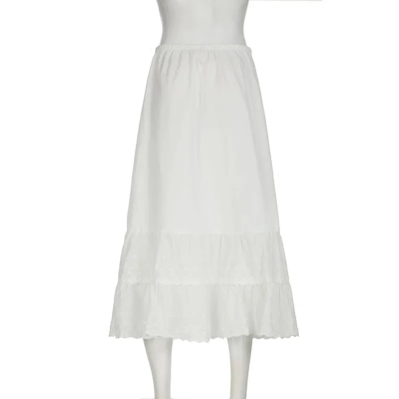 Holidays Streetwear White Maxi Skirt Summer Jacquard Lace Trim Korean Fashion Beach Women Skirt Long French Clothing