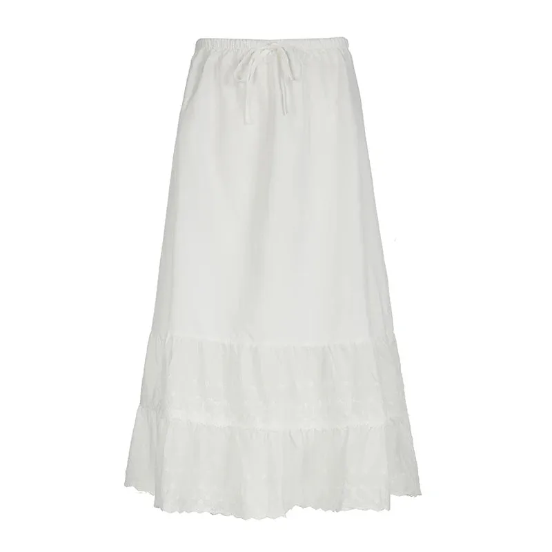 Holidays Streetwear White Maxi Skirt Summer Jacquard Lace Trim Korean Fashion Beach Women Skirt Long French Clothing