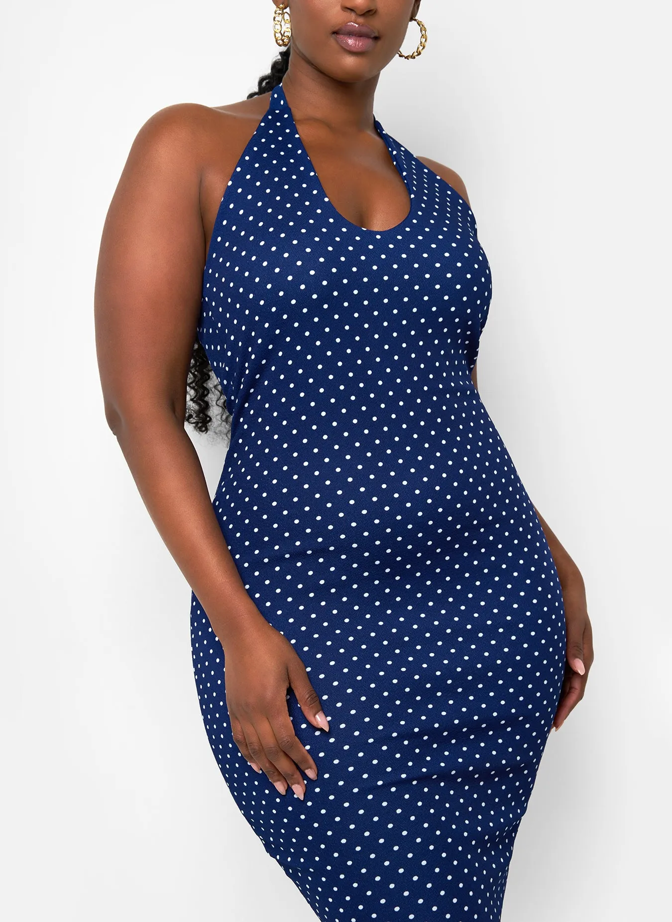 Holly Polka Dot Halter Midi Bodycon Dress - Navy & White