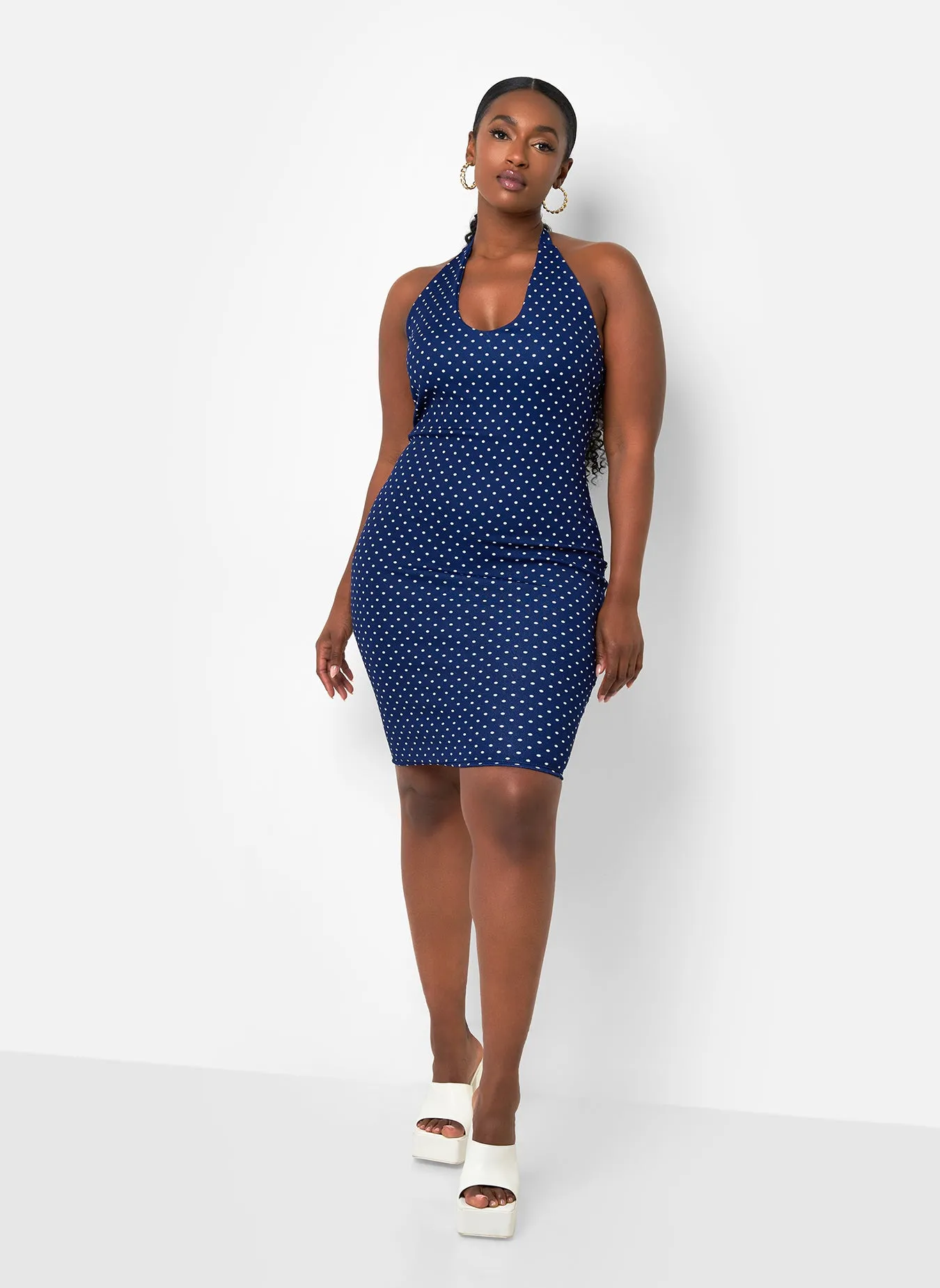 Holly Polka Dot Halter Midi Bodycon Dress - Navy & White