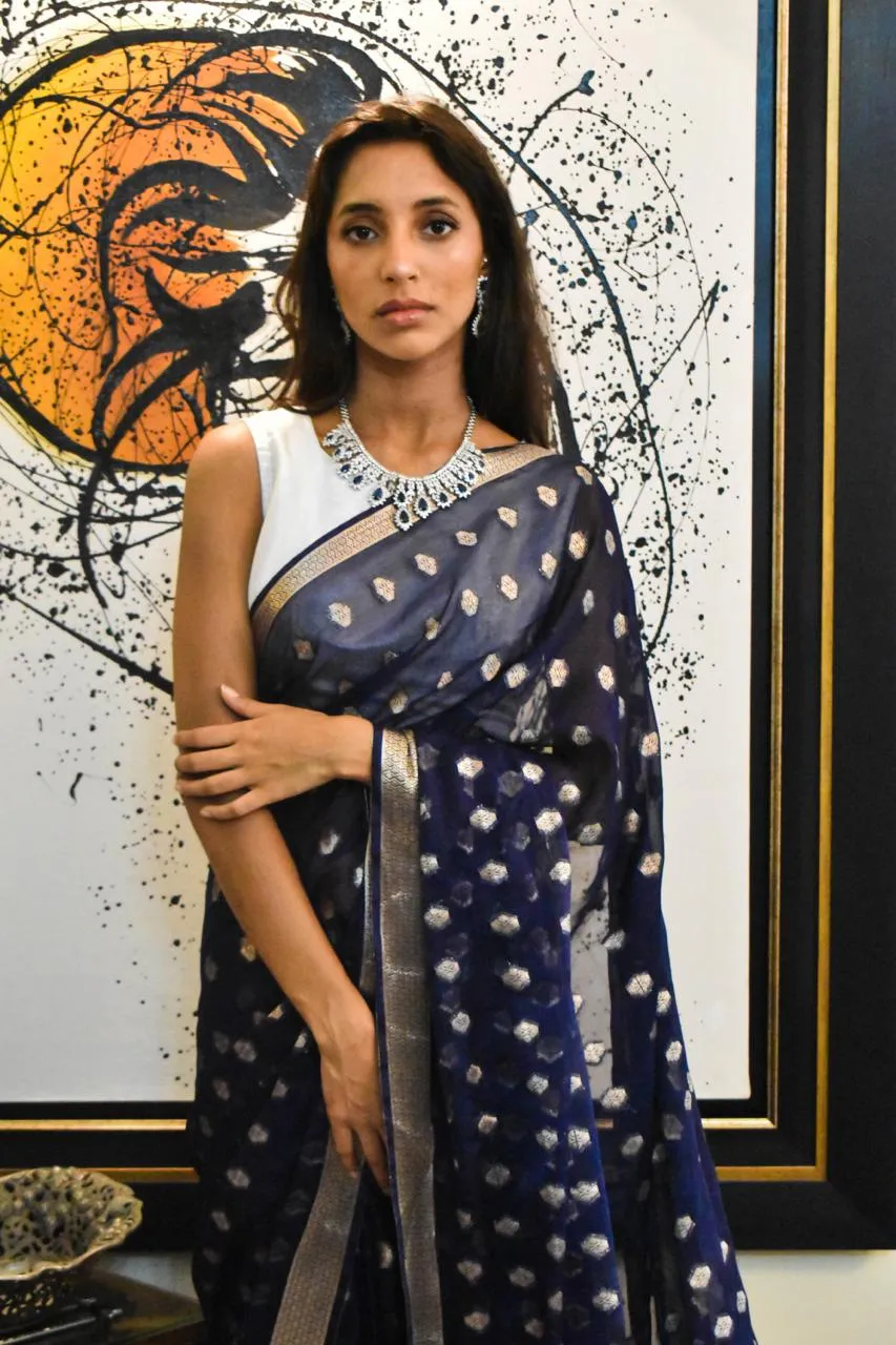 Khaddi Banarsi Chiffon: Indigo