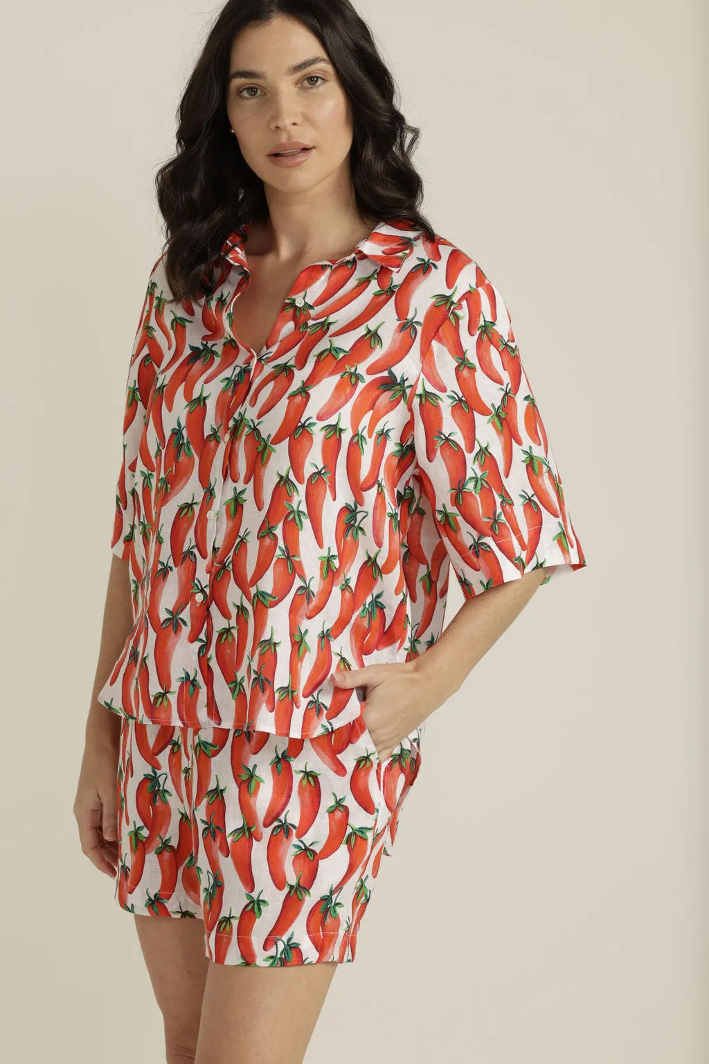 Linen Chilli Print Boxy Shirt