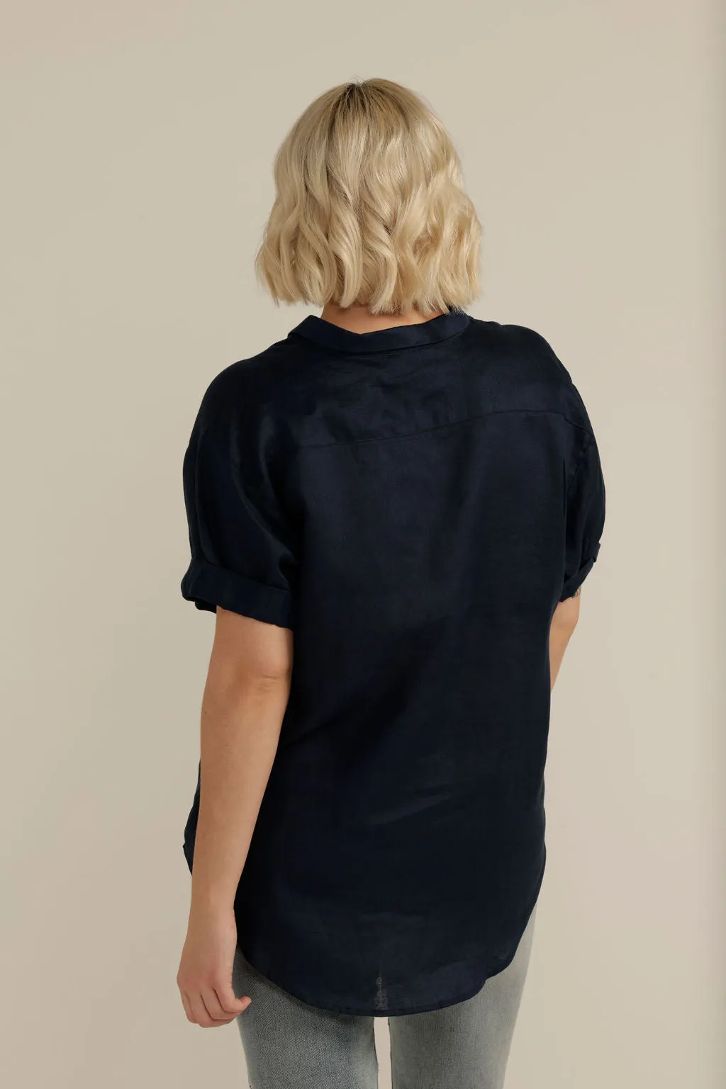 Linen Cuffed Short Sleeve Shirt Navy