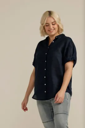 Linen Cuffed Short Sleeve Shirt Navy