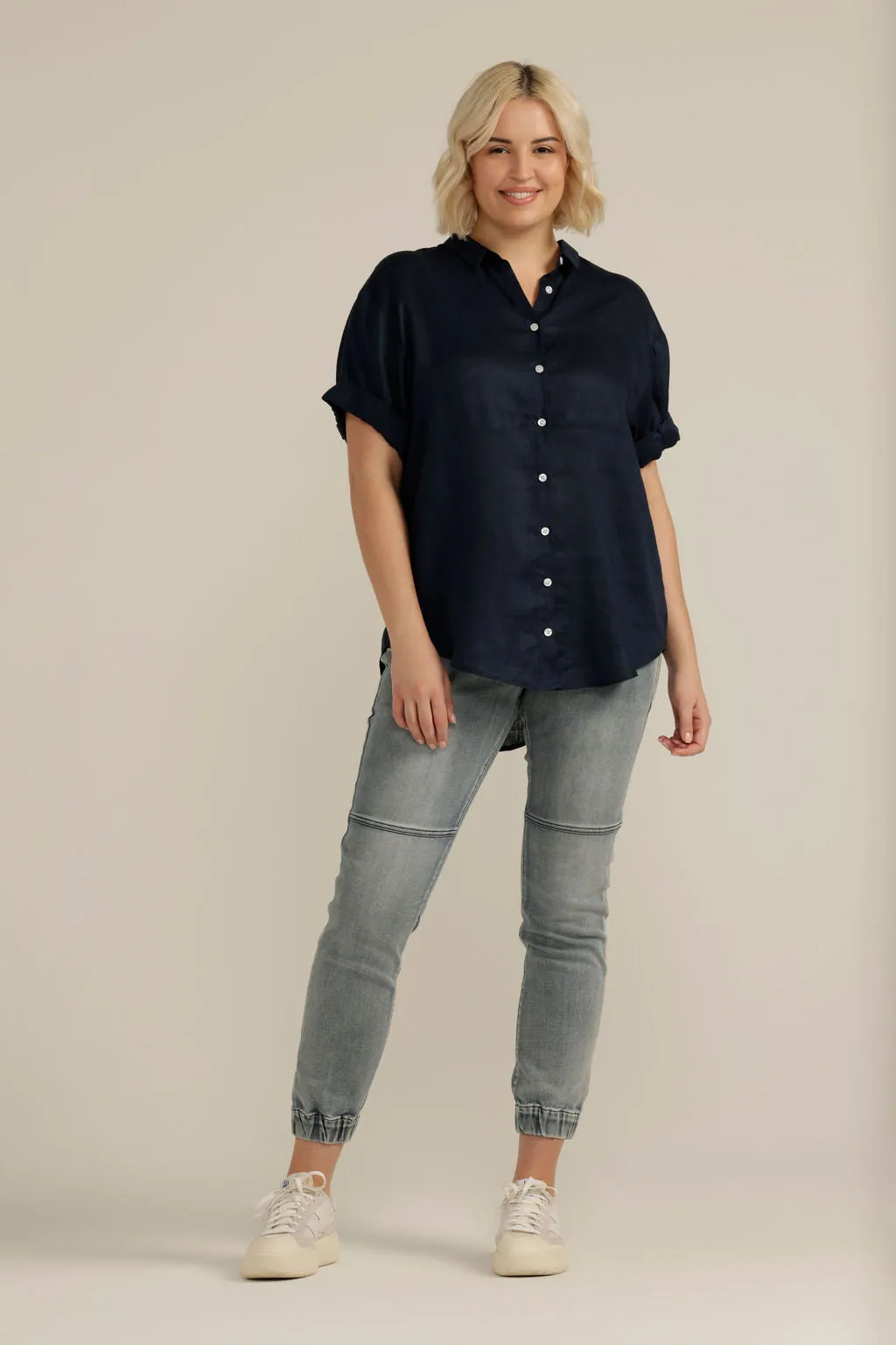 Linen Cuffed Short Sleeve Shirt Navy