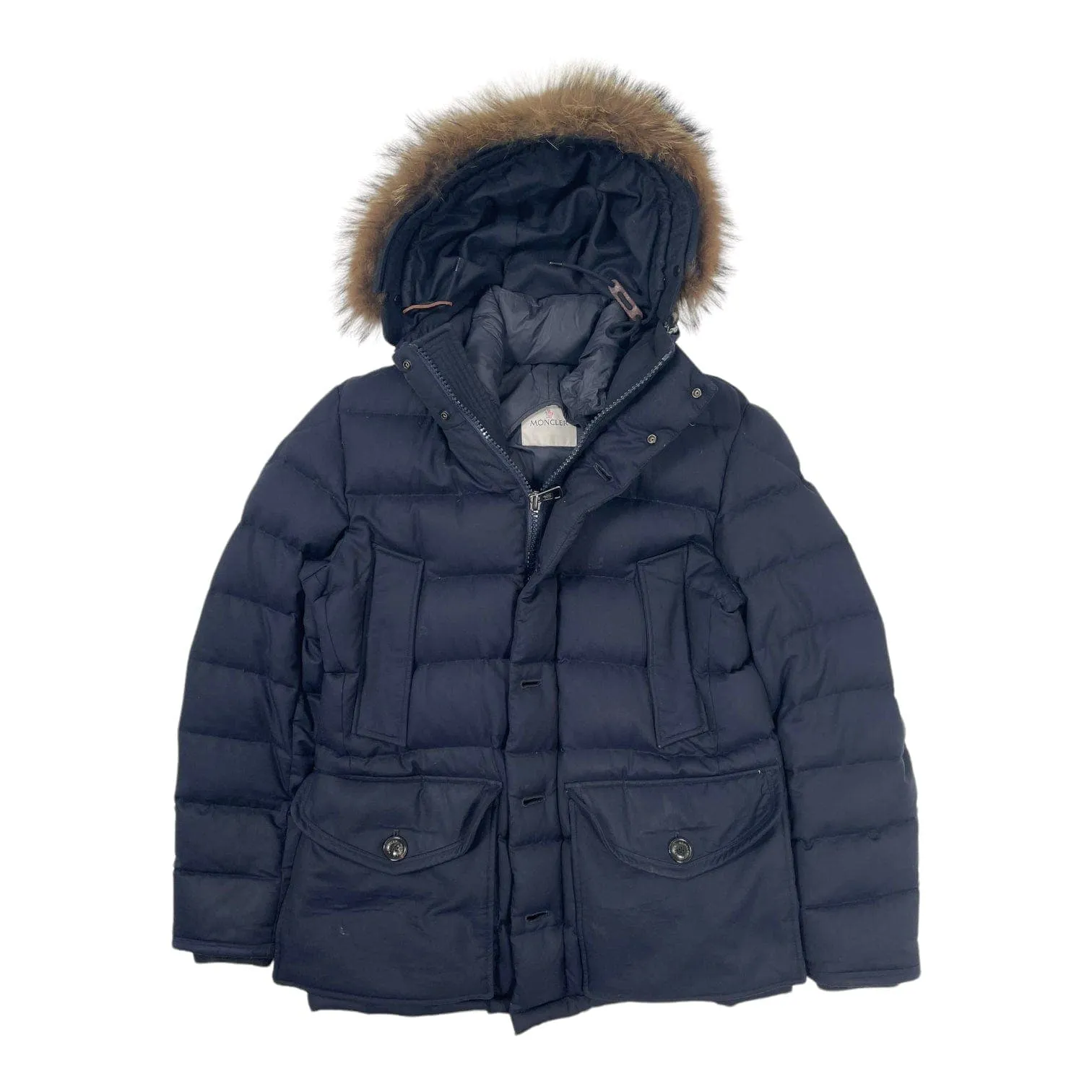 Moncler Rethel Fur Trim Down Jacket Navy Pre-Owned