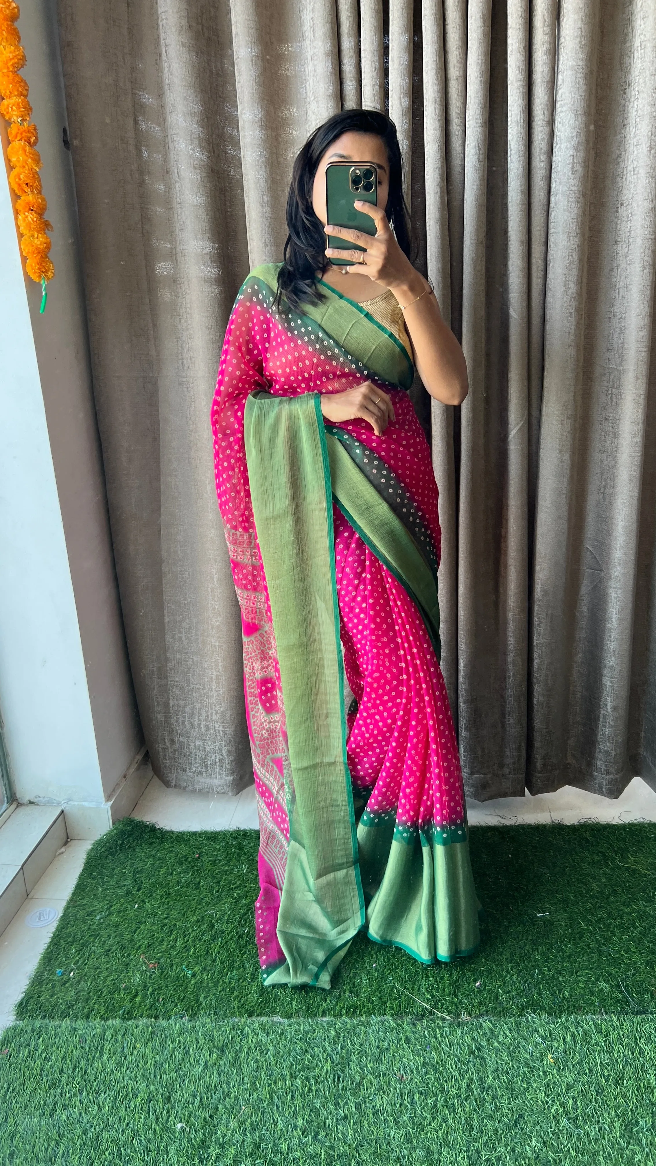 Pink and green casual saree with blouse