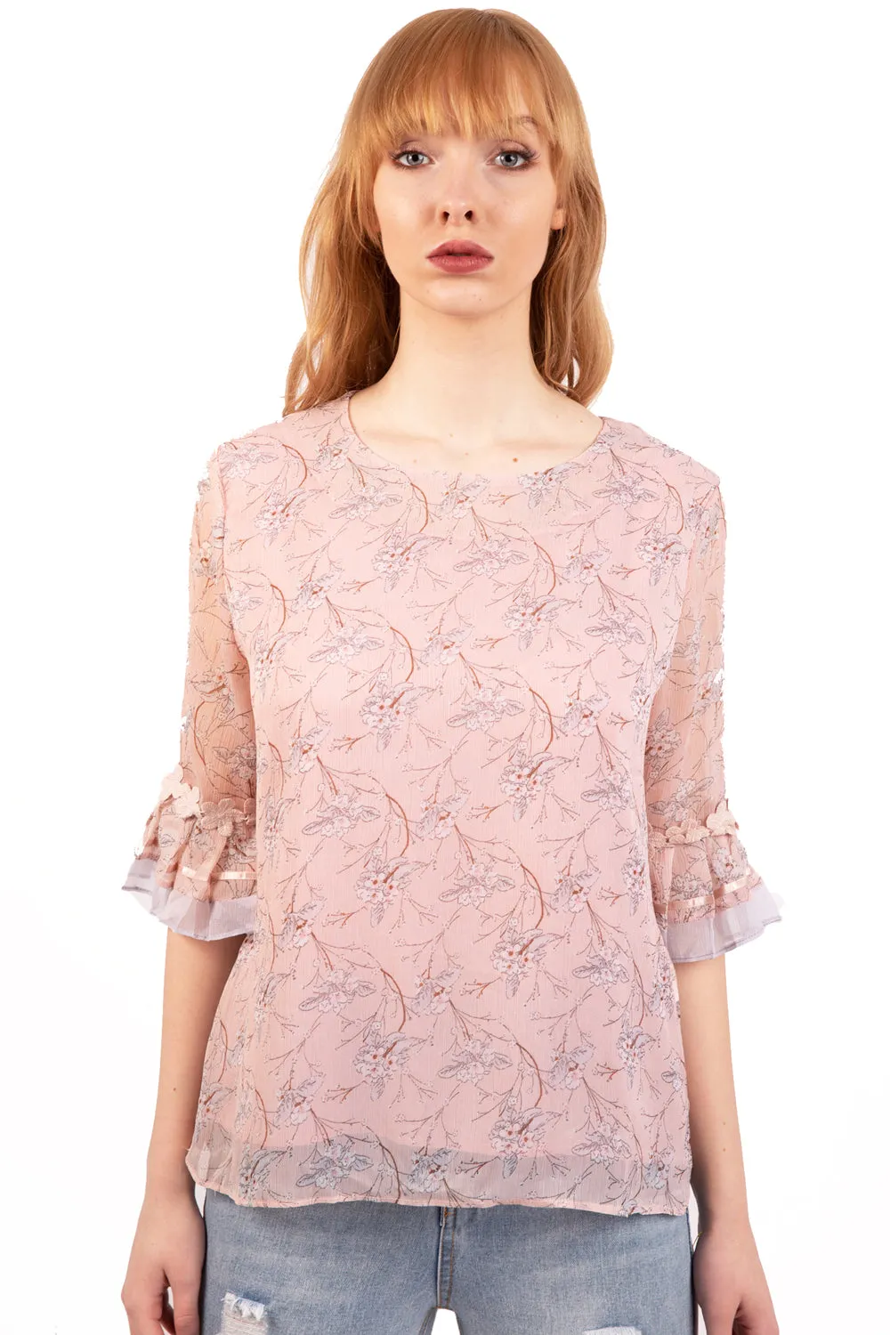 Pink Floral Print Chiffon Floaty Blouse Top