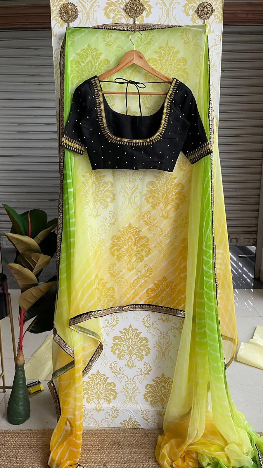 Soft dual coloured chiffon saree with hand worked blouse