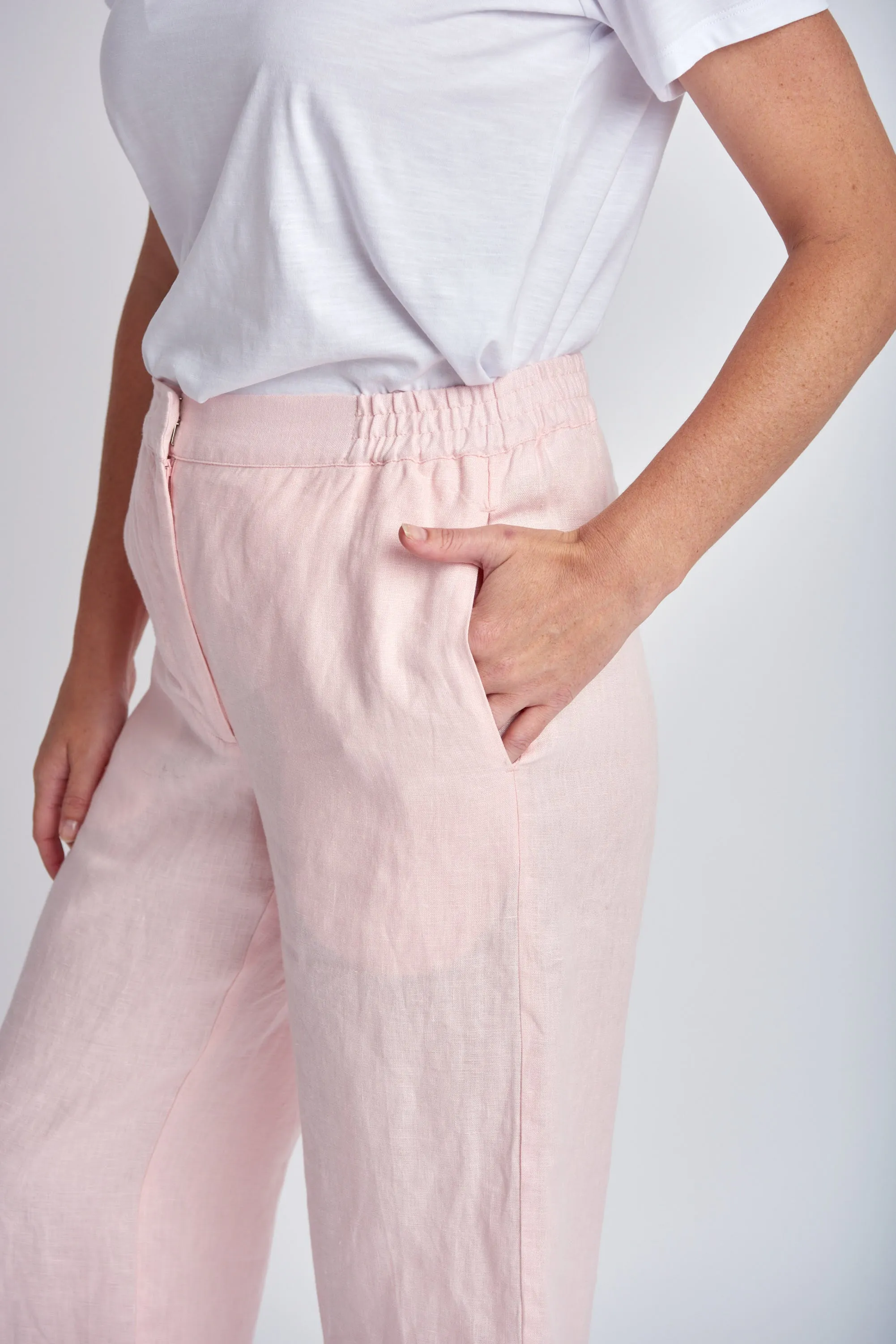 Straight Leg Cropped Linen Pant Pale Pink