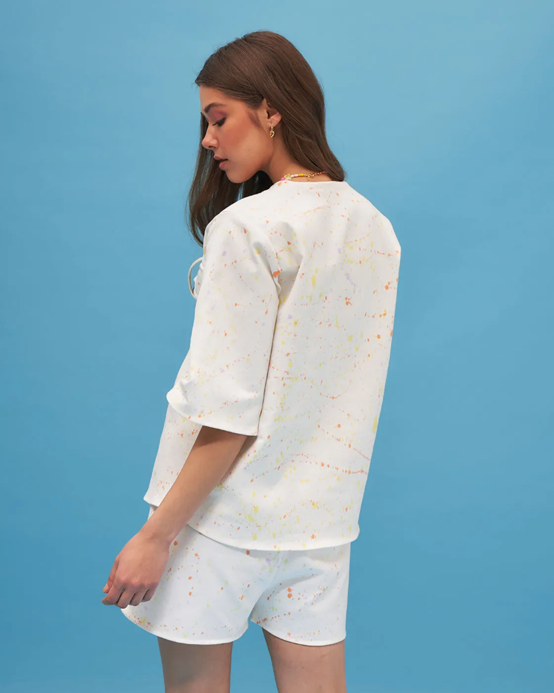White Hand Painted Shirt And Shorts Set